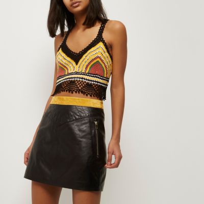 Black leather and suede quilted skirt